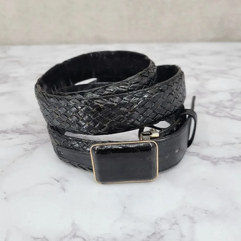 Vintage Belt Woven Black EEL Skin Leather and Gold Toned Buckle Men's Unisex